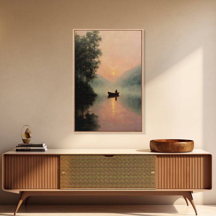 Peaceful Sunrise Lake Fisherman Landscape Oil Painting Large Wall Art Framed Canvas Print Rustic Decor