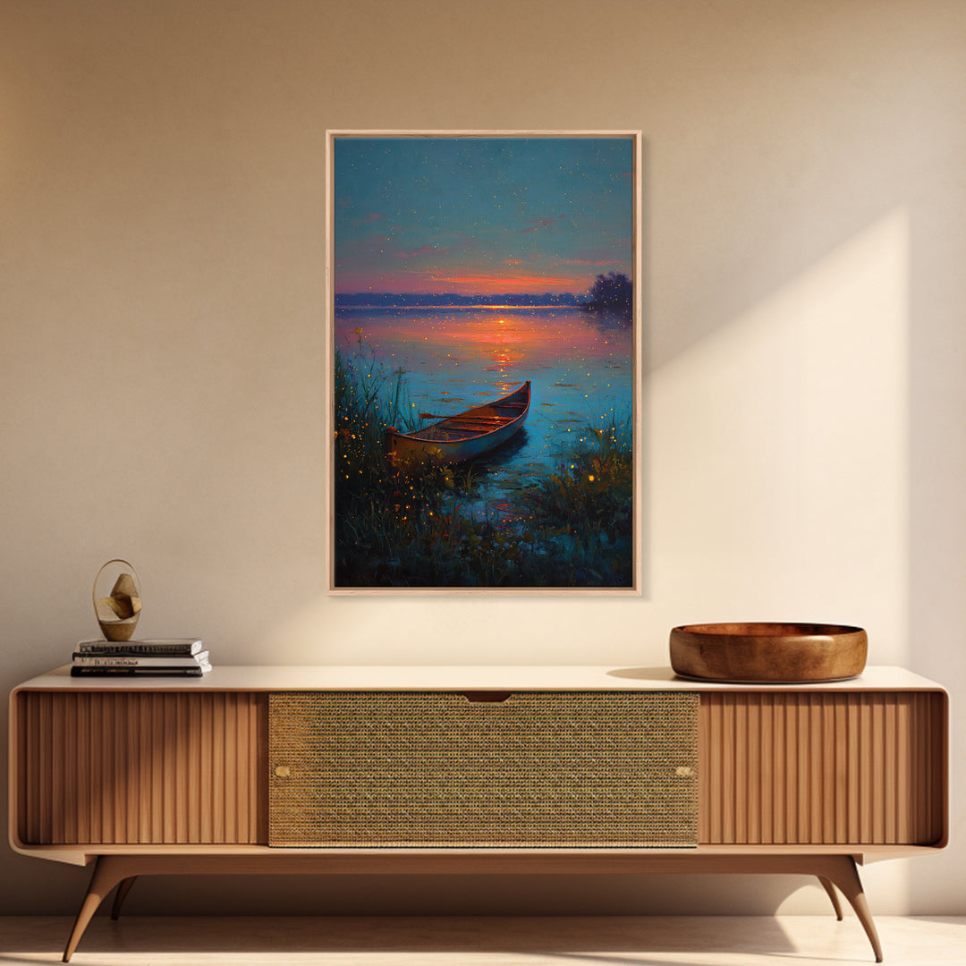 Serene Firefly Canoe Landscape At Twilight Oil Painting Large Wall Art Framed Canvas Print For Relaxing Home And Living Room