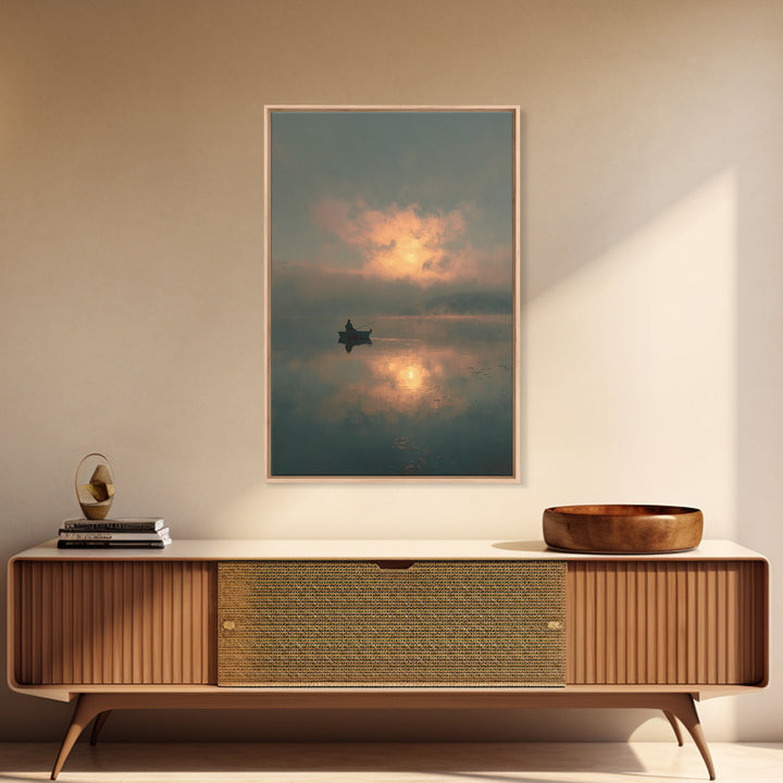 Peaceful Lone Fisherman At Sunset Canvas Print, Serene Lake Scene Wall Art, Tranquil Home Decor For Living Room