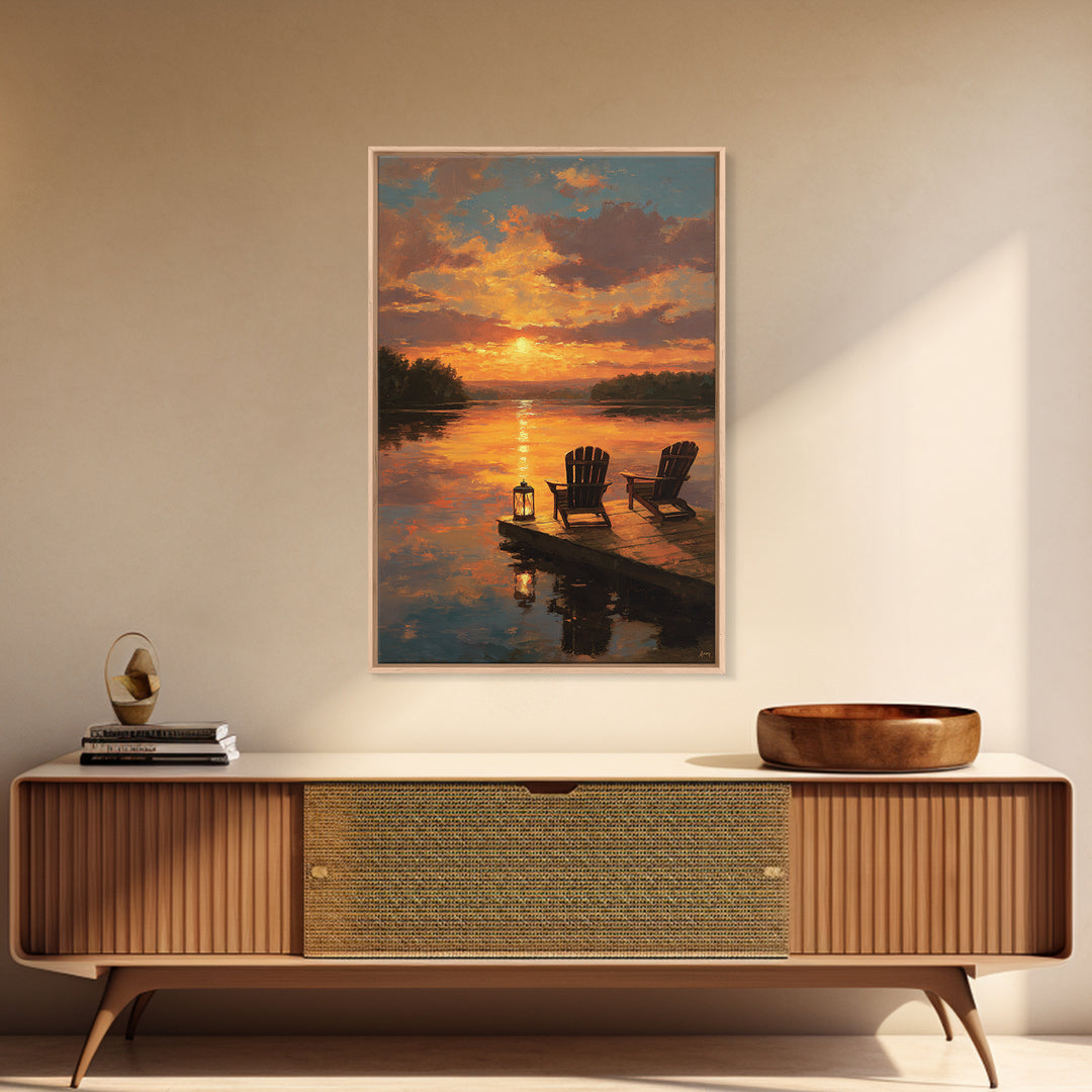 Warm Sunset Landscape Oil Painting With Adirondack Chairs And Reflection On Water Wall Art Framed Canvas Print