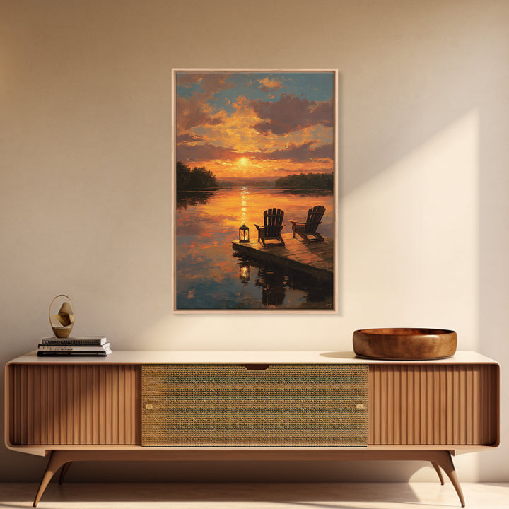 Warm Sunset Landscape Oil Painting With Adirondack Chairs And Reflection On Water Wall Art Framed Canvas Print