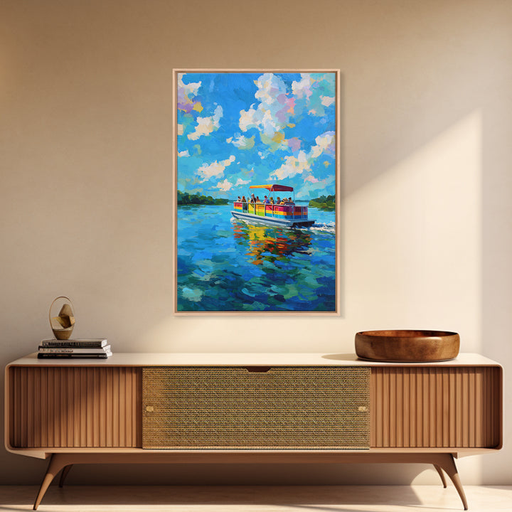Vibrant Colorful Boat On Lake Under Blue Sky Bright Contemporary Painting Wall Art Framed Canvas Print