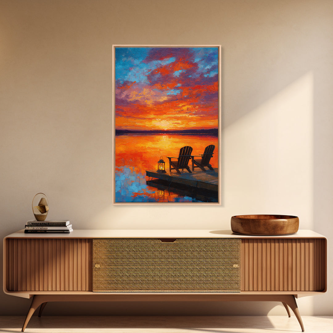 Warm Vibrant Sunset Lake Dock Scene Oil Painting Canvas Print Large Wall Art For Cozy Home Decor Living Room