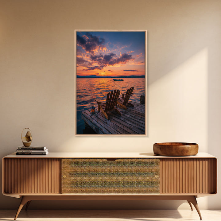 Serene Sunset Over Lake With Adirondack Chairs On Dock Classic Landscape Wall Art Canvas Print