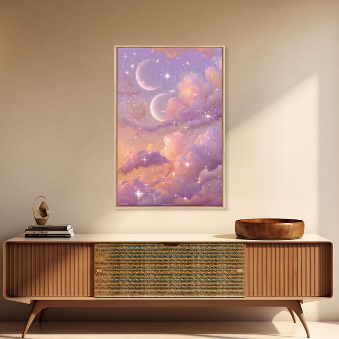 Pastel Moon And Star Cloud Canvas Print, Celestial Wall Art, Dreamy Nursery Decor, Whimsical Bedroom Decor, Gift For Her