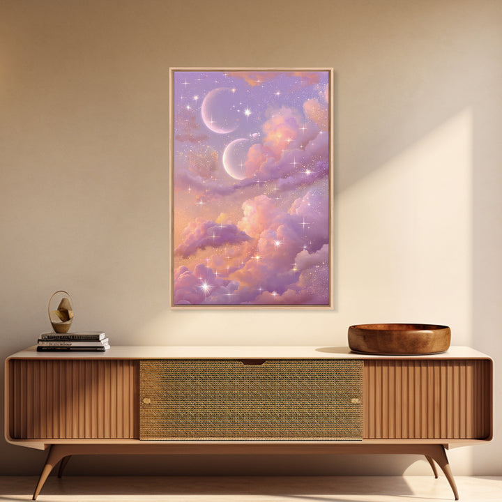 Pastel Moon And Star Cloud Canvas Print, Celestial Wall Art, Dreamy Nursery Decor, Whimsical Bedroom Decor, Gift For Her