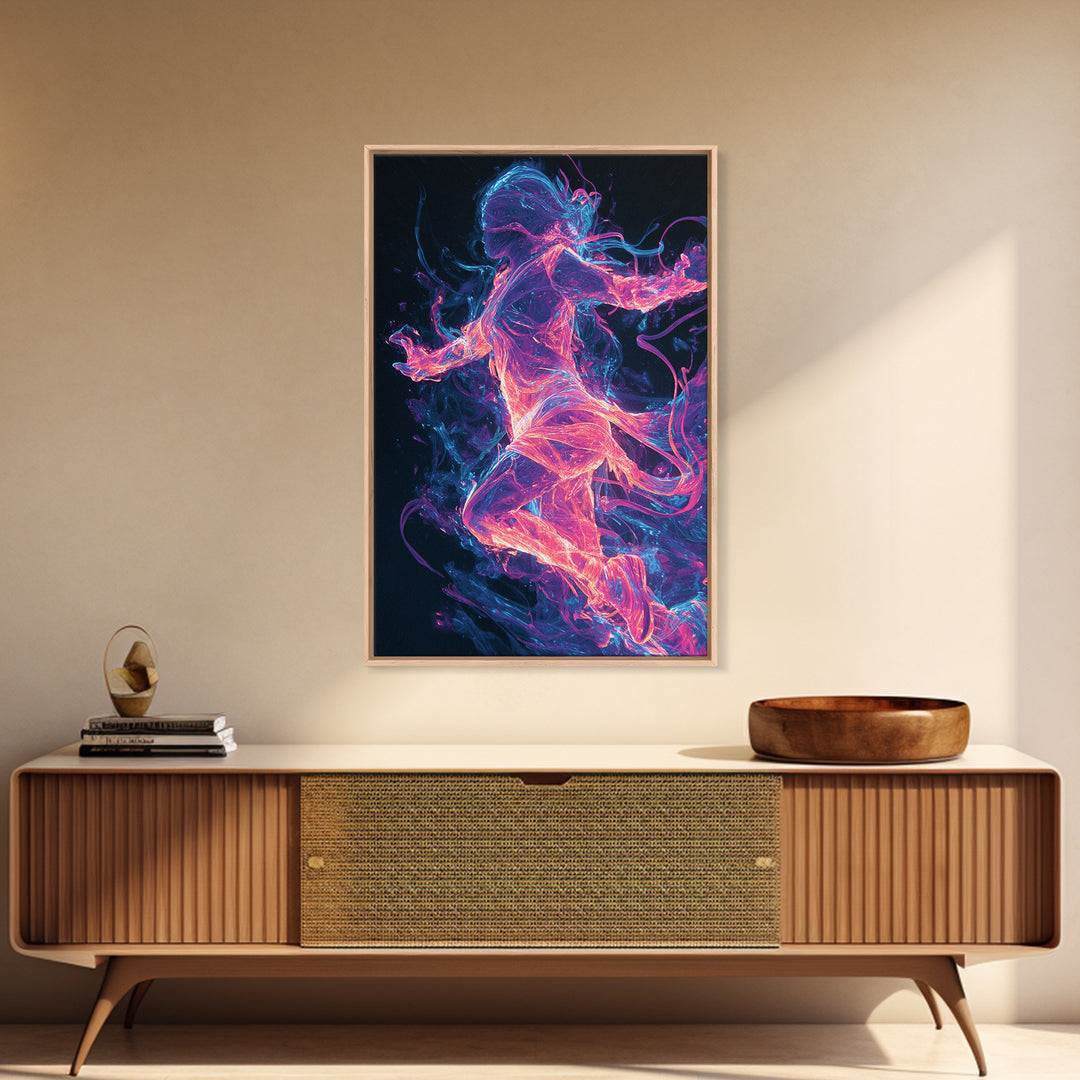 Neon Energy Dancer Framed Canvas Print, Abstract Figurative Art, Cyberpunk Decor, Vibrant Wall Art, Gift For Her, Modern Living Room Decor