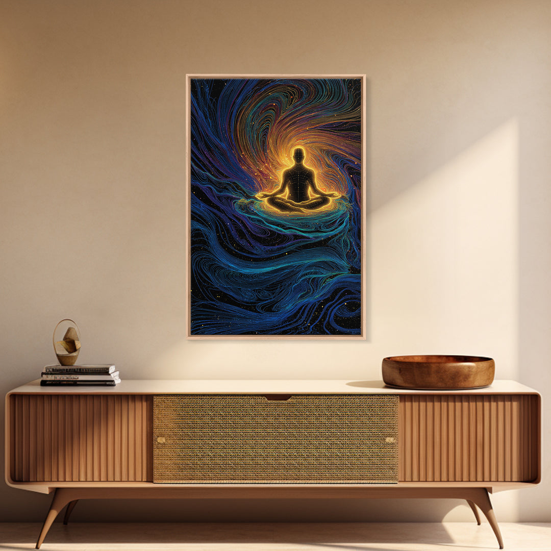 Glowing Meditation Figure Canvas Print, Spiritual Energy Wall Art, Psychedelic Zen Decor, Celestial Yoga Room Gift Decor