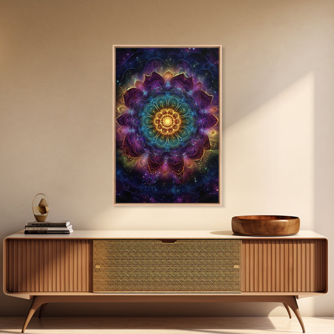 Vibrant Mandala Abstract Wall Art With Glittering Lights Framed Canvas Print For Modern Home Decor