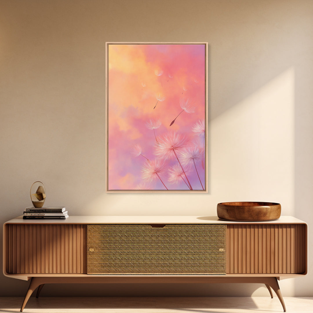Floating Dandelion Seeds At Sunset Canvas Print, Pink Orange Wall Art For Bedroom Decor, Dreamy Feminine Nursery Art Gift