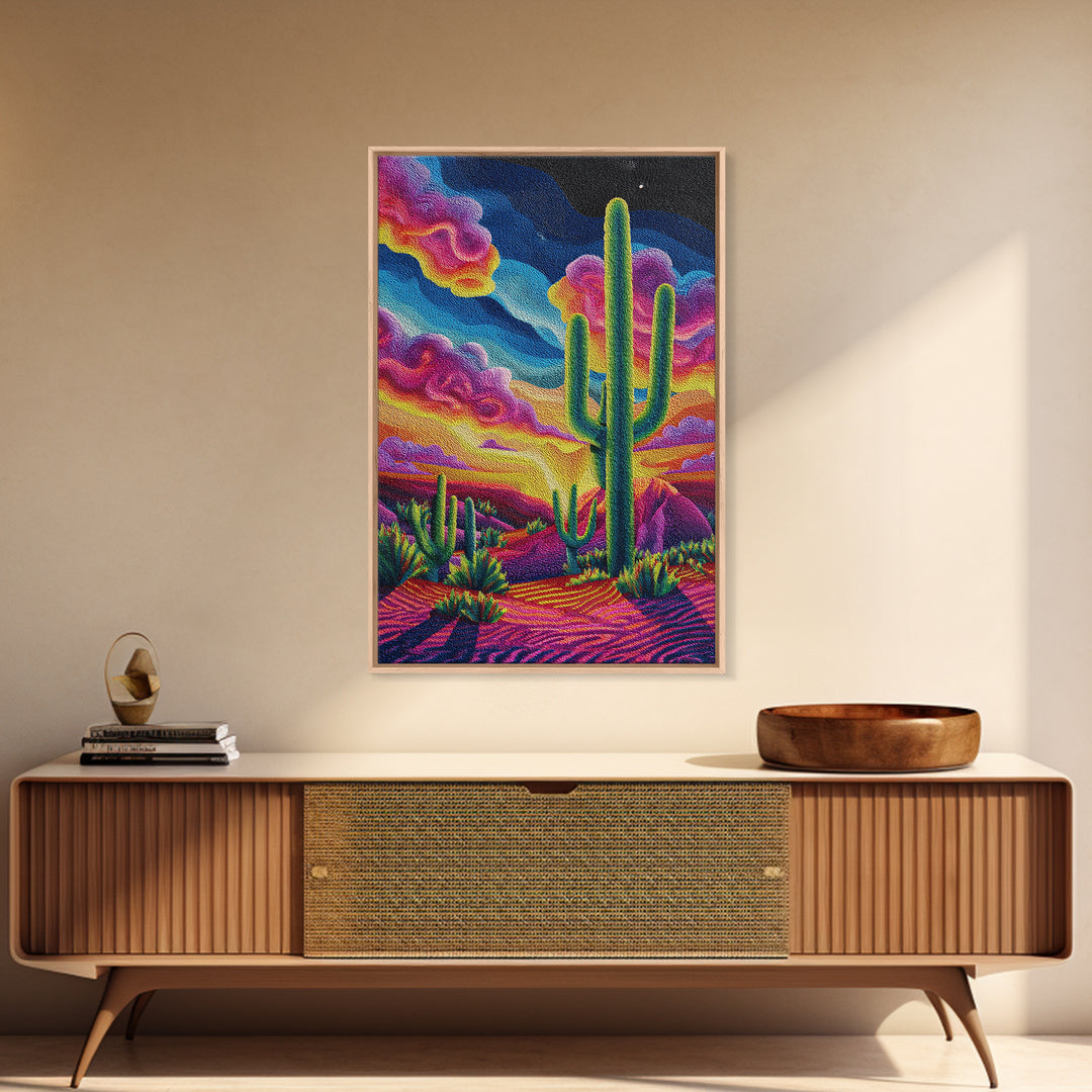 Vibrant Desert Landscape Painting With Cactus And Colorful Sunset Sky Wall Art Modern Home Decor Canvas Print