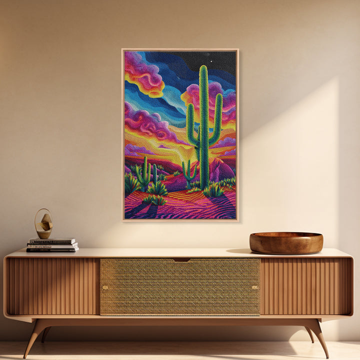 Vibrant Desert Landscape Painting With Cactus And Colorful Sunset Sky Wall Art Modern Home Decor Canvas Print