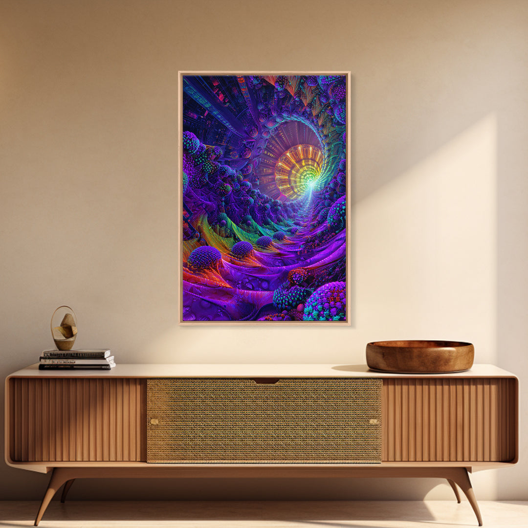 Neon Fractal Spiral Tunnel Canvas Print, Psychedelic Abstract Wall Art, Vibrant Futuristic Decor, Statement Artwork Gift