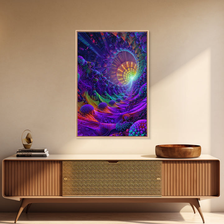 Neon Fractal Spiral Tunnel Canvas Print, Psychedelic Abstract Wall Art, Vibrant Futuristic Decor, Statement Artwork Gift