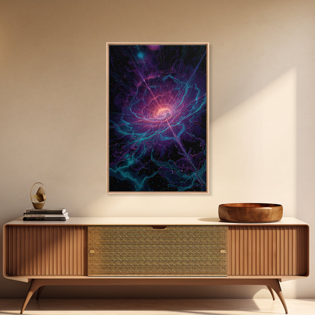 Cosmic Neon Flower Wall Art, Psychedelic Floral Canvas Print, Celestial Botanical Decor, Mystical Boho Bedroom Gift For Her
