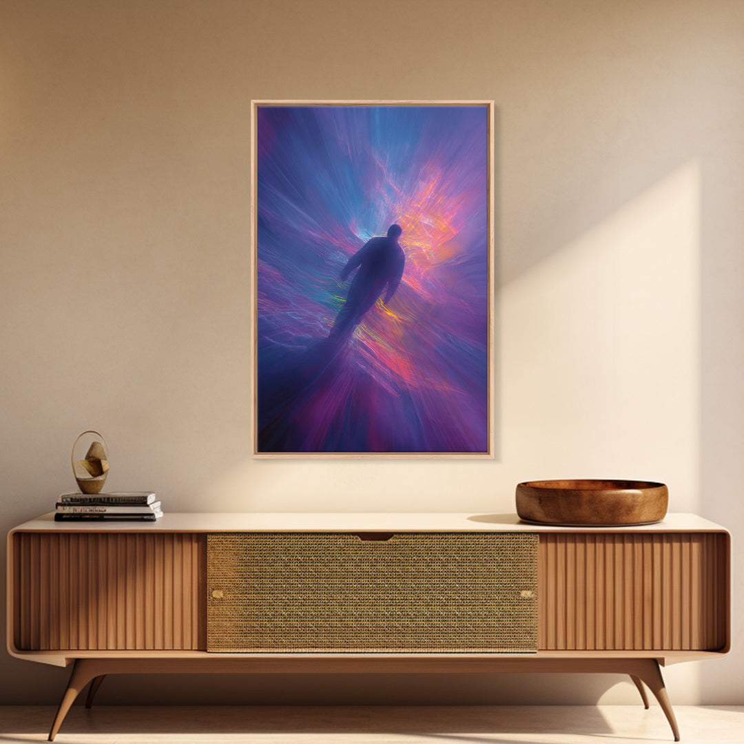 Neon Astral Figure In Purple Light Vortex Wall Art, Psychedelic Abstract Art Print, Celestial Space Decor, Modern Wall Decor