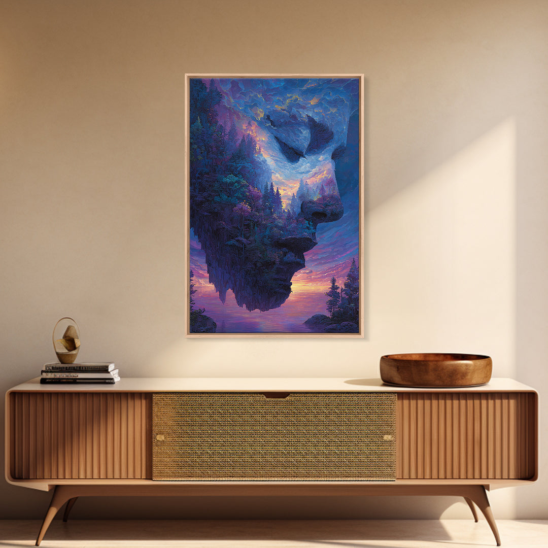 Misty Mountain Landscape With Serene Buddha Silhouette Black And White Framed Canvas Print Wall Art