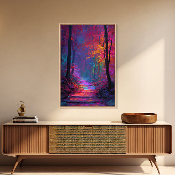 Vibrant Colorful Autumn Forest Path Wall Art With Bright Pink Yellow Foliage And Mystical Light Framed Canvas Print