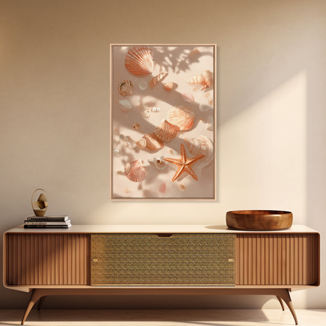 Sunlit Seashells And Starfish Framed Canvas Print, Coastal Wall Art For Beach House Decor, Nautical Bathroom Wall Decor Gift