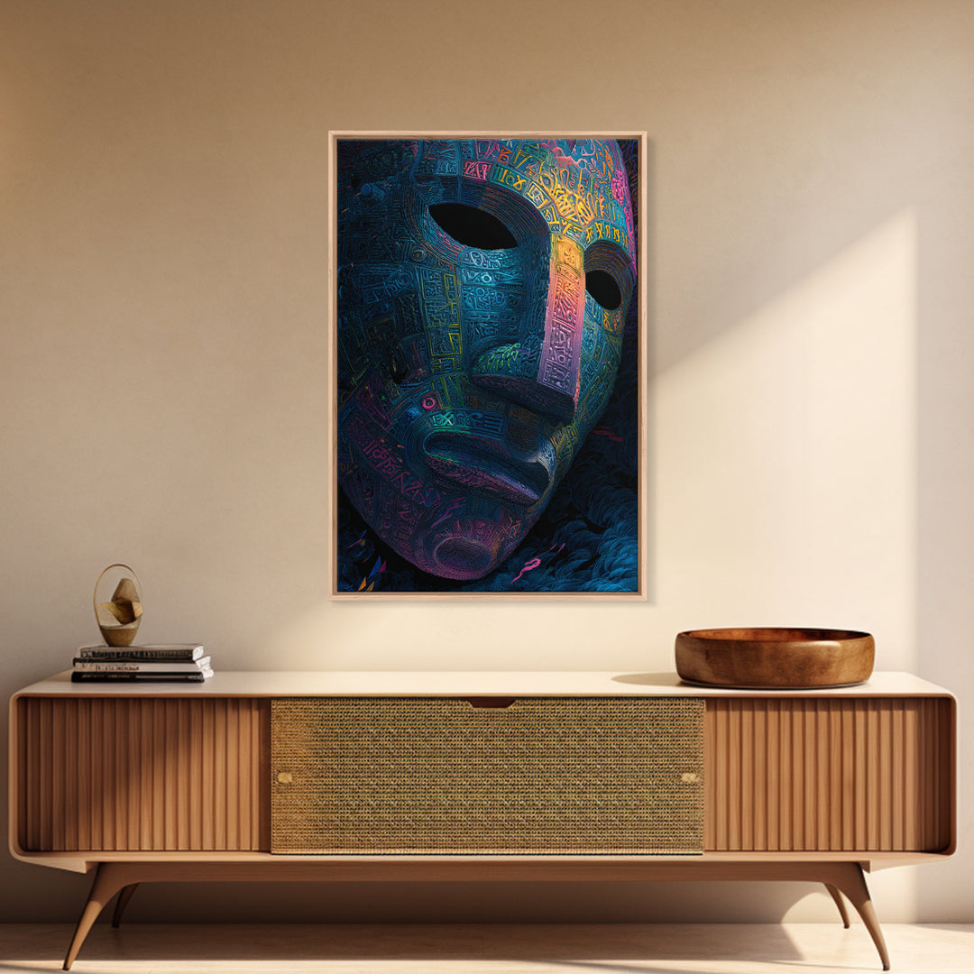 Neon Ancient Mask Portrait Wall Art, Dark Surreal Art Print, Psychedelic Gothic Decor, Futuristic Statement Artwork Gift