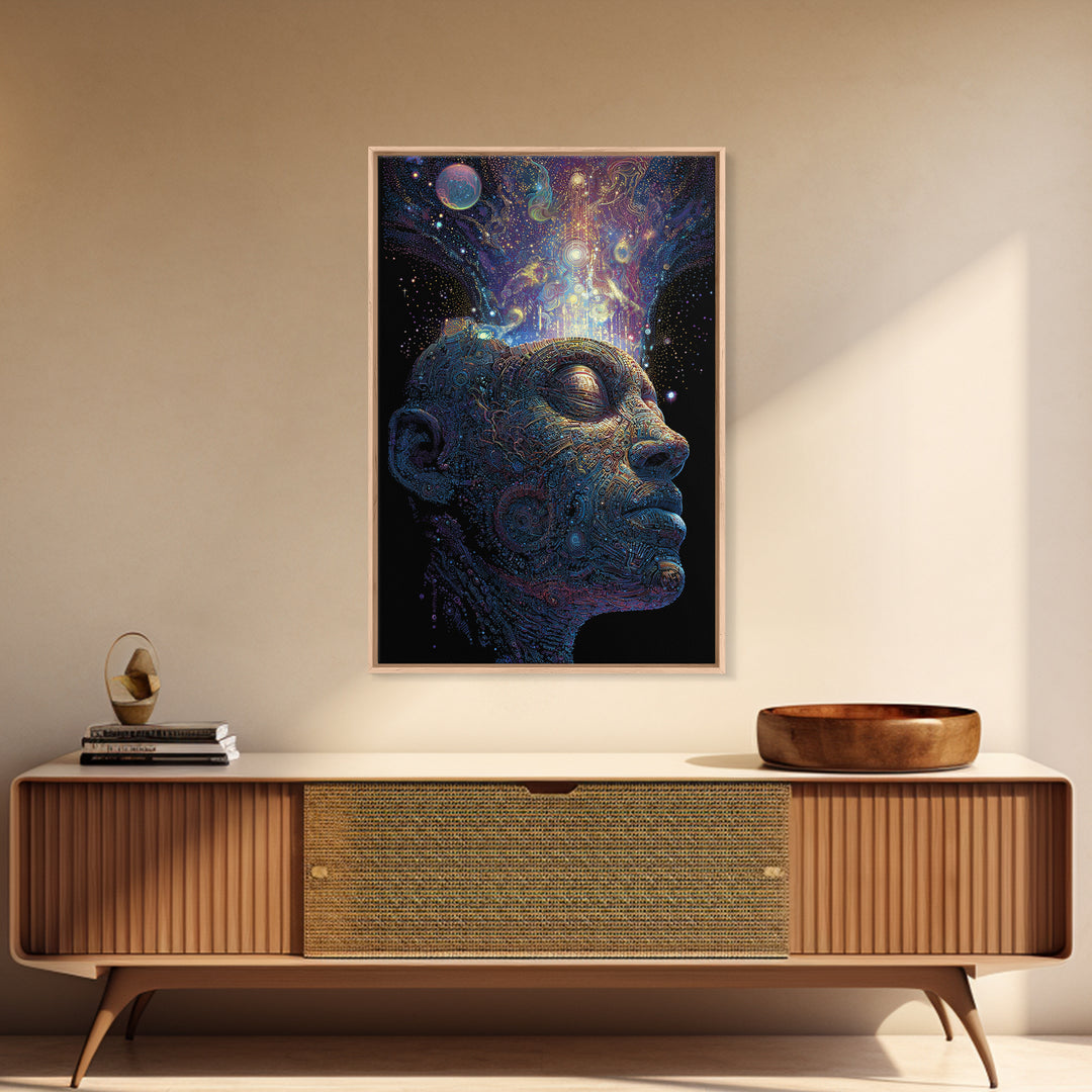 Cosmic Mind Portrait Framed Canvas Print, Psychedelic Space Wall Art, Visionary Consciousness Decor, Spiritual Gift For Him