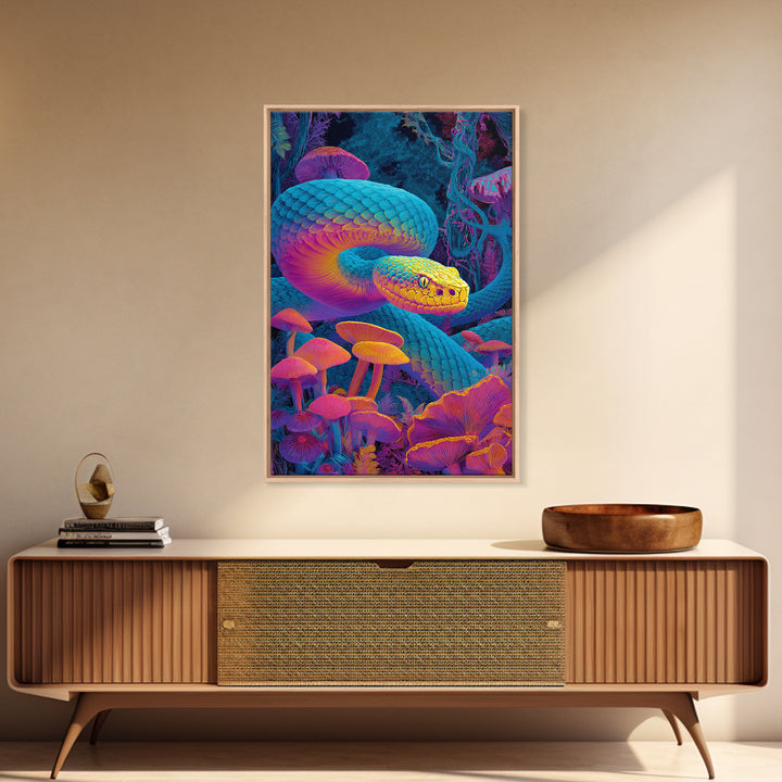 Vibrant Psychedelic Snake and Mushroom Art Wall Art Canvas Print Colorful Modern Wall Decor