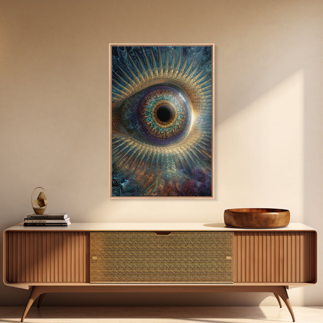 Surreal Cosmic Eye Wall Art, Mystical Iris Framed Canvas Print, Spiritual Vision Office Decor, Statement Artwork Gift For Him