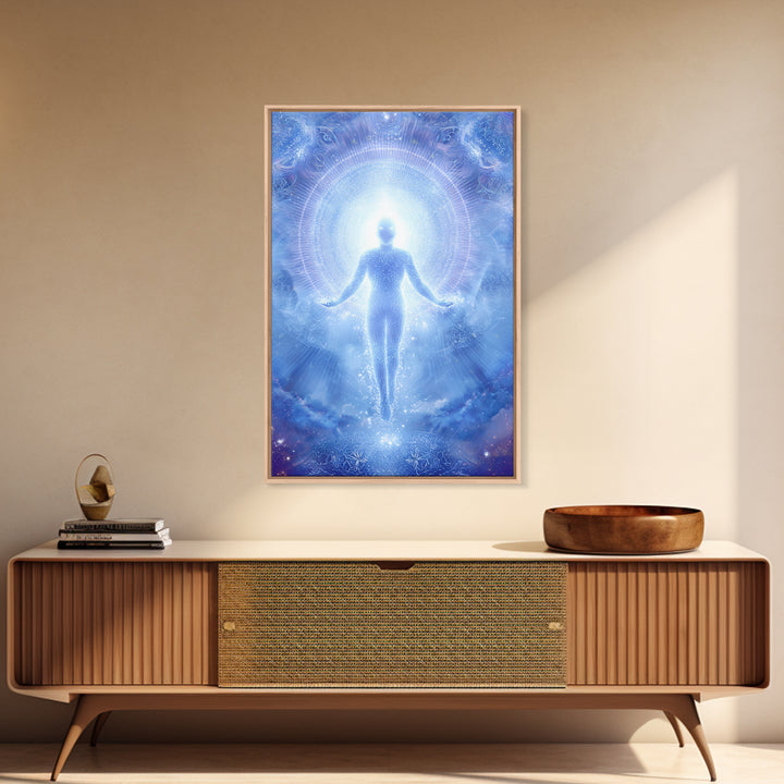Ethereal Ascending Figure Amid Glowing Light Spiritual Art Print Contemporary Wall Art Canvas Print