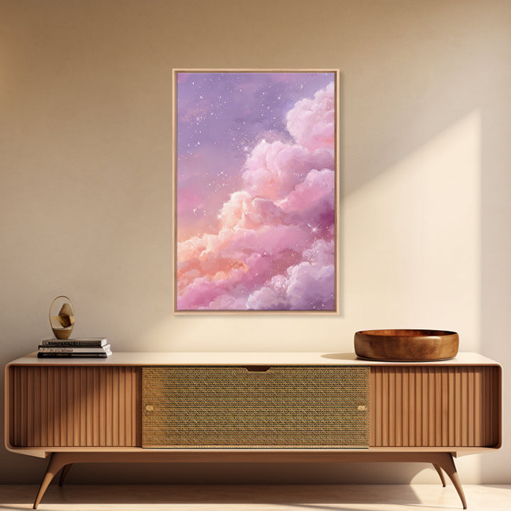Sparkling Pink Clouds Under Starry Sky Canvas Print, Celestial Wall Art For Dreamy Bedroom Decor And Whimsical Nursery Decor