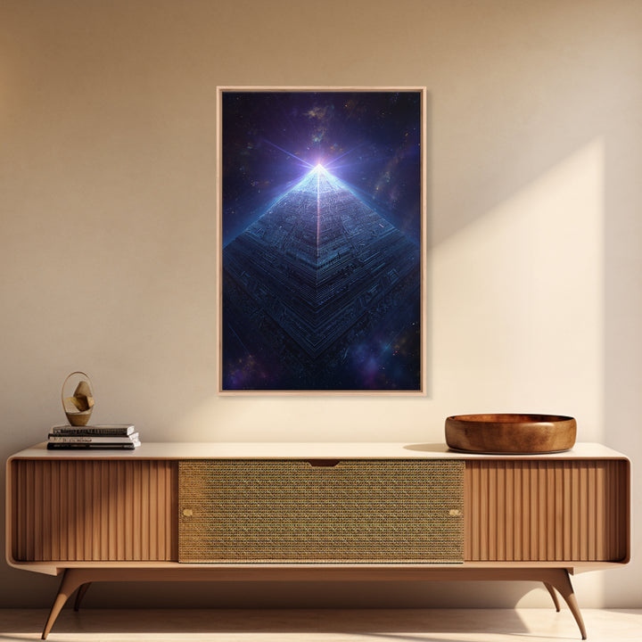 Luminous Cosmic Pyramid In Starry Space Wall Art, Geometric Sci Fi Art Print, Futuristic Decor, Mystical Statement Wall Art