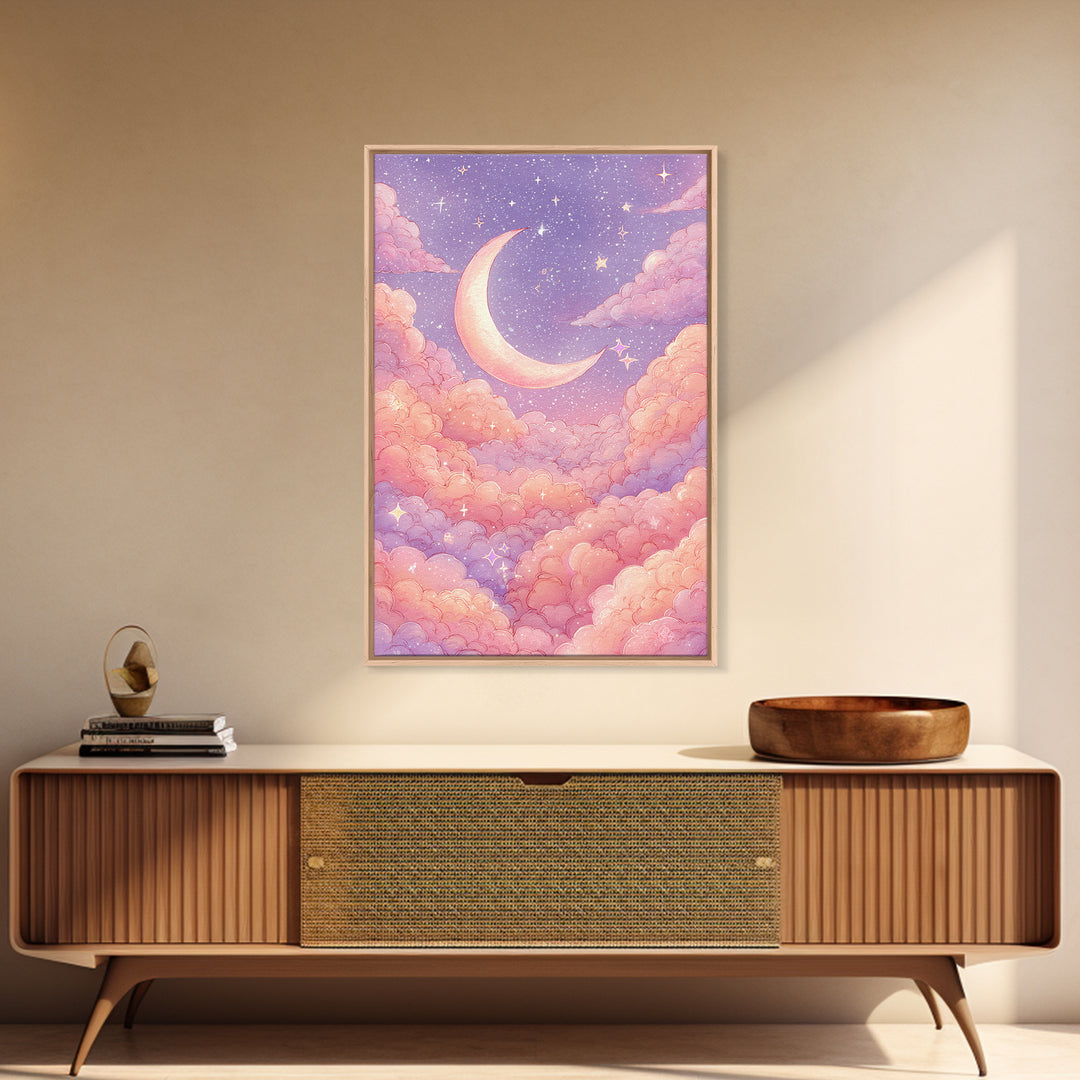 Pastel Crescent Moon In Pink Clouds Wall Art, Celestial Nursery Art, Dreamy Moon And Stars Decor For Bedroom Wall Decor Gift