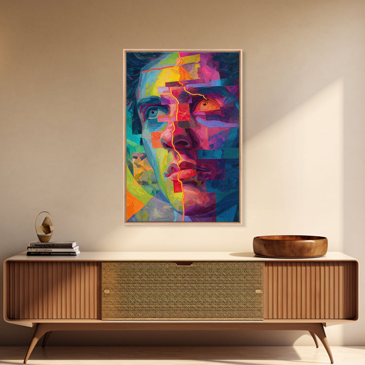 Colorful Abstract Portrait With Bold Brushstrokes And Geometric Lines Wall Art Framed Canvas Print For Modern Art Lovers