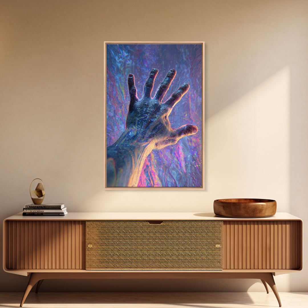 Glowing Reaching Hand Canvas Print, Surreal Human Figure Wall Art, Spiritual Energy Decor, Abstract Psychedelic Gift Idea