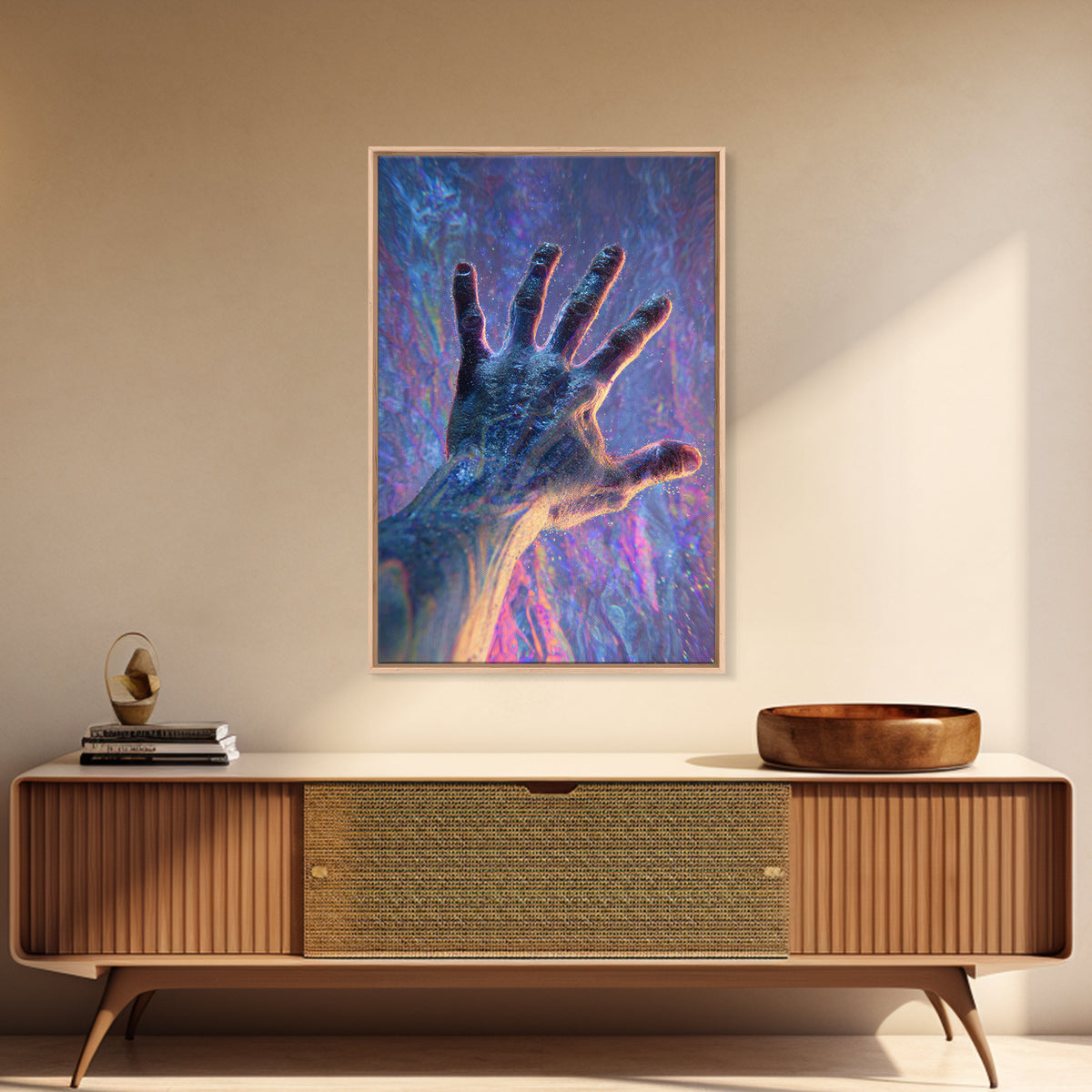 Glowing Reaching Hand Canvas Print, Surreal Human Figure Wall Art, Spiritual Energy Decor, Abstract Psychedelic Gift Idea
