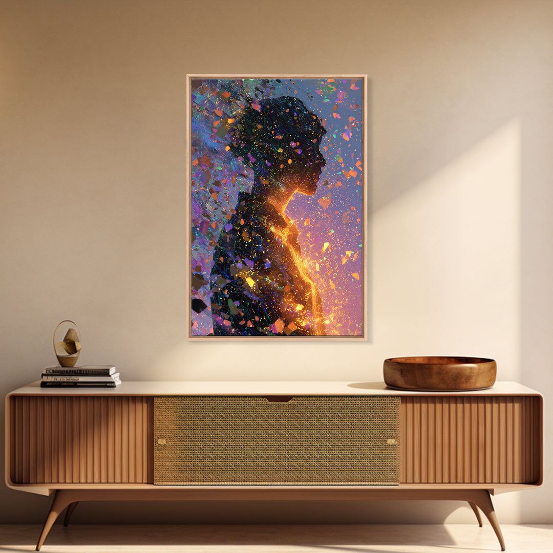 Glowing Woman Silhouette With Confetti Wall Art, Abstract Figurative Art Print, Feminine Wall Art, Colorful Modern Decor