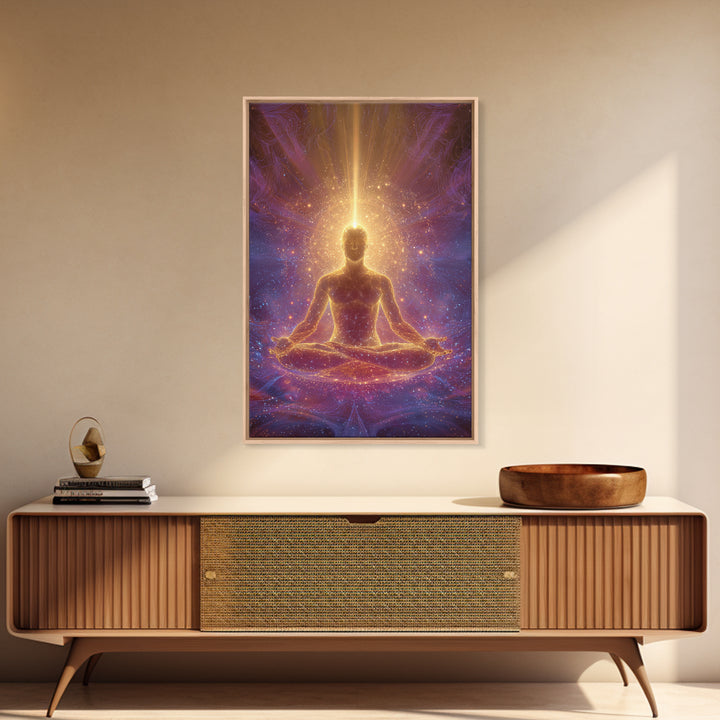 Spiritual Meditation Man Illuminated In Cosmic Energy Glow Wall Art Canvas Print For Mindfulness Home And Yoga