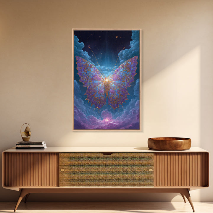 Radiant Celestial Butterfly Framed Canvas Print, Fantasy Insect Wall Art, Mystical Cloud Decor, Ethereal Nursery Gift Idea