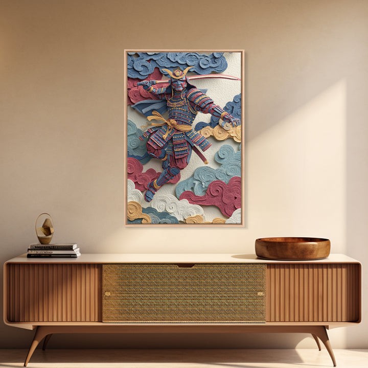 Blue Red Samurai Warrior With Katana Framed Canvas Print, Japanese Wall Art For Martial Arts Decor And Masculine Office Decor