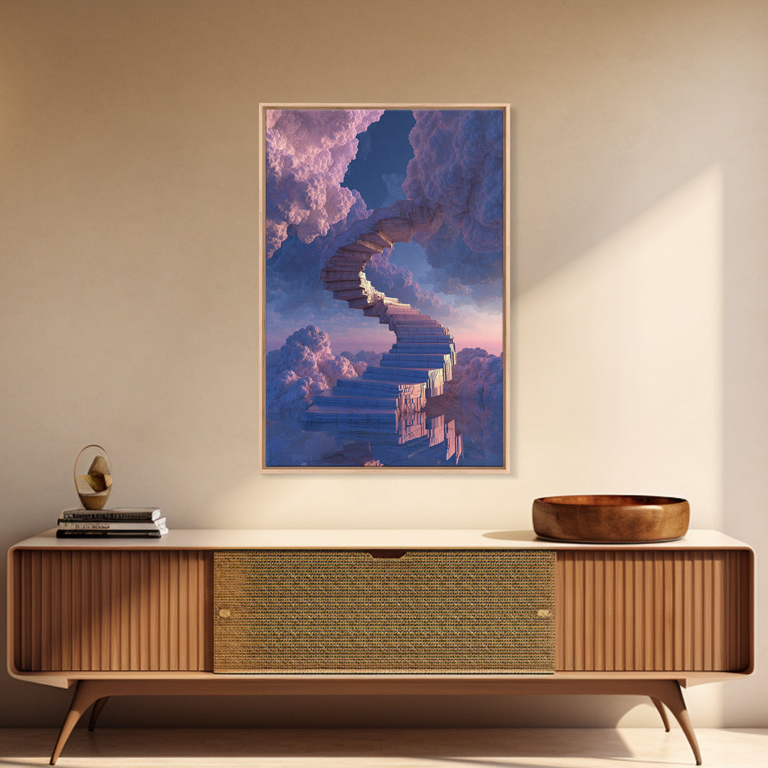 Stairway Through Pink Clouds Framed Canvas Print, Surreal Sky Wall Art, Dreamy Fantasy Decor, Ethereal Home Decor Gift Idea
