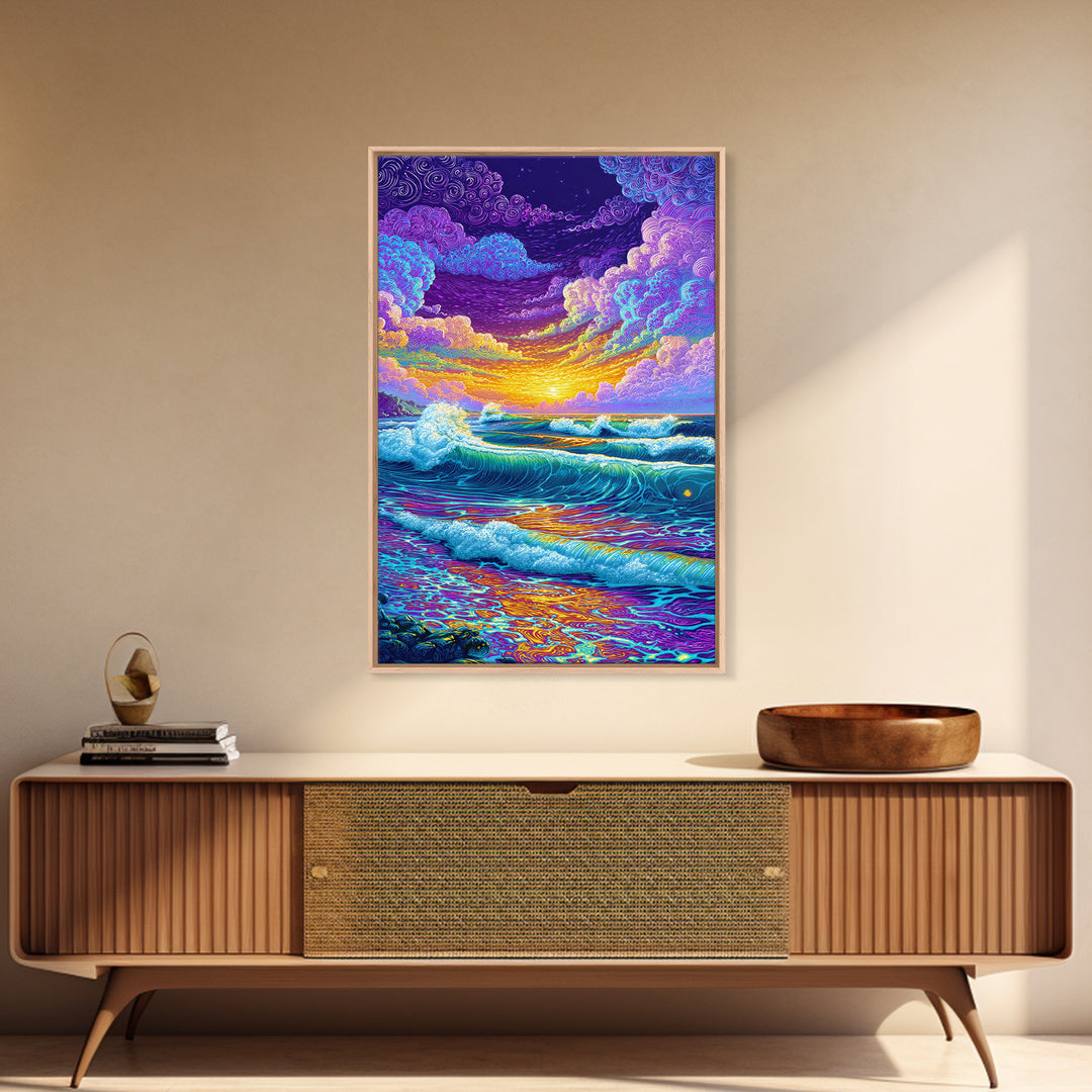 Colorful Ocean Waves Sunset Abstract Seascape Wall Art Canvas Print Bright Relaxing Living Room Decor Modern Coastal Art