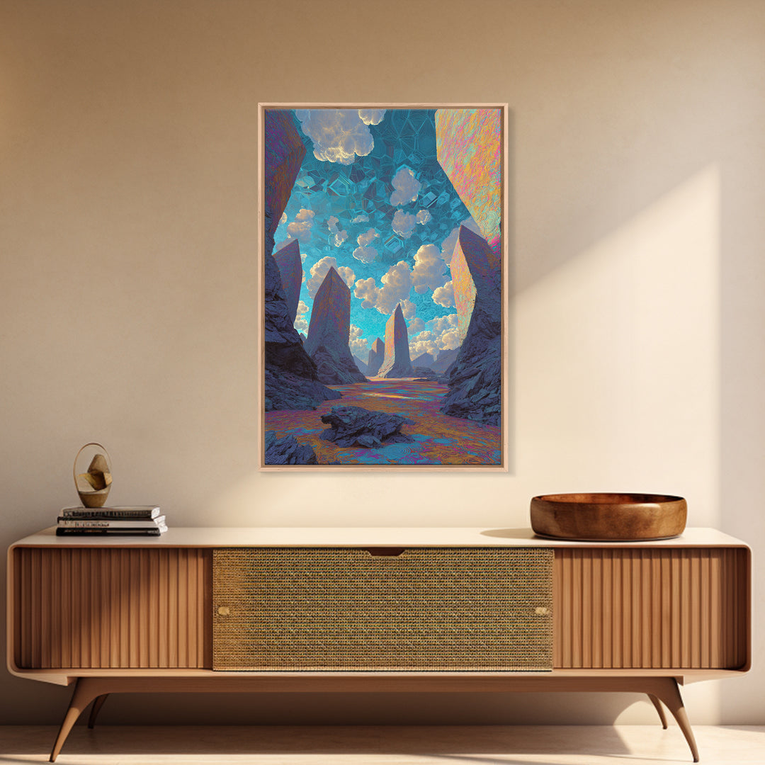 Surreal Crystal Canyon With Floating Clouds Framed Canvas Print, Futuristic Landscape Wall Art, Sci Fi Home Decor, Office Decor