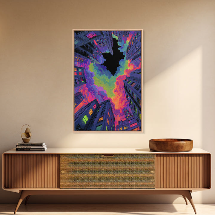 Neon City Skyscrapers Under Rainbow Clouds Wall Art, Urban Pop Art Print, Cyberpunk Decor, Modern Maximalist Living Room Wall Art