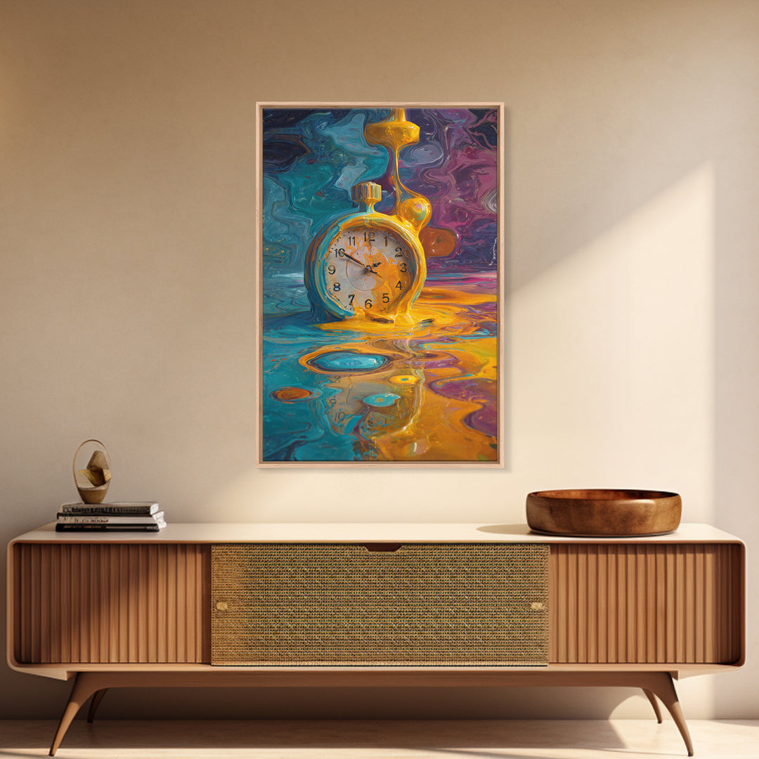 Melting Golden Alarm Clock Canvas Print, Surreal Wall Art, Colorful Abstract Painting, Whimsical Office Decor, Unique Gift