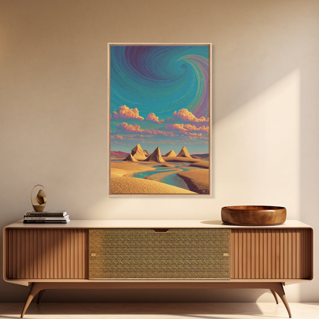 Surreal Desert Landscape With Pyramids And Swirling Sky Wall Art Modern Contemporary Canvas Print For Home Decor