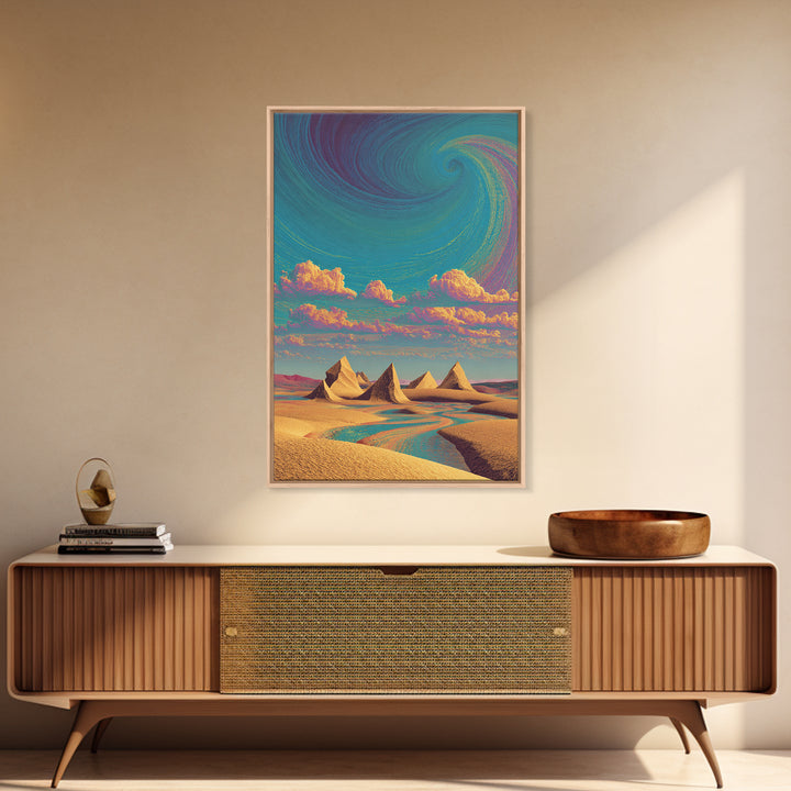 Surreal Desert Landscape With Pyramids And Swirling Sky Wall Art Modern Contemporary Canvas Print For Home Decor