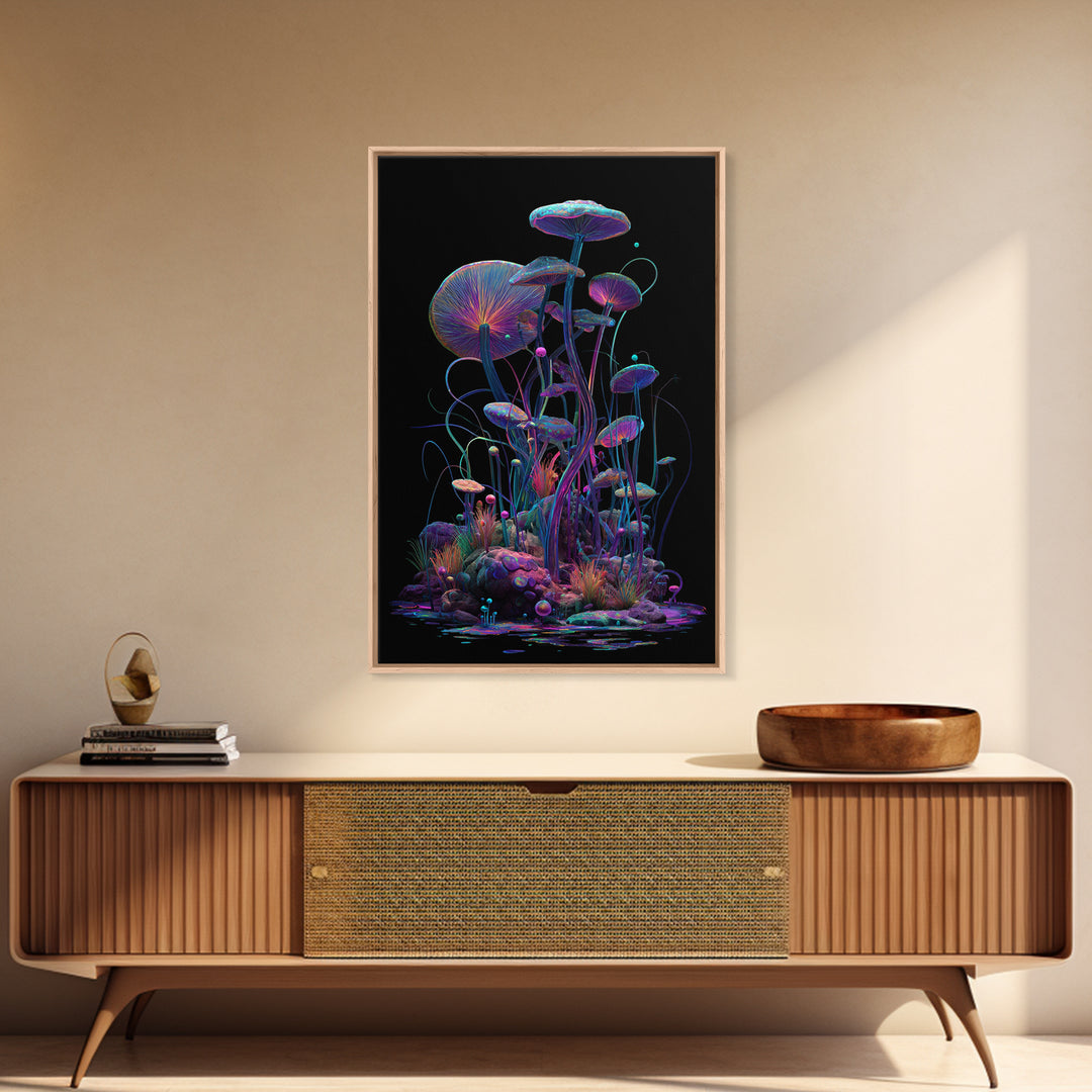 Bioluminescent Mushroom Garden On Black, Psychedelic Wall Art, Trippy Canvas Print, Gothic Decor, Unique Maximalist Gift