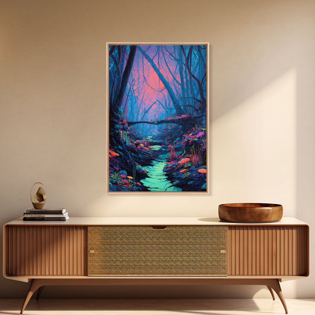 Enchanted Forest With Vibrant Colors And Glowing Mushrooms Fantasy Wall Art Print