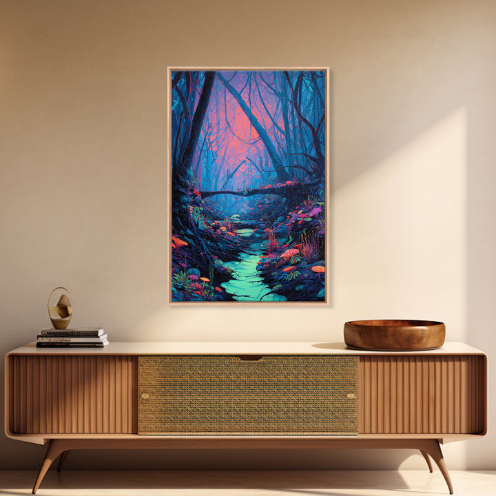 Enchanted Forest With Vibrant Colors And Glowing Mushrooms Fantasy Wall Art Print