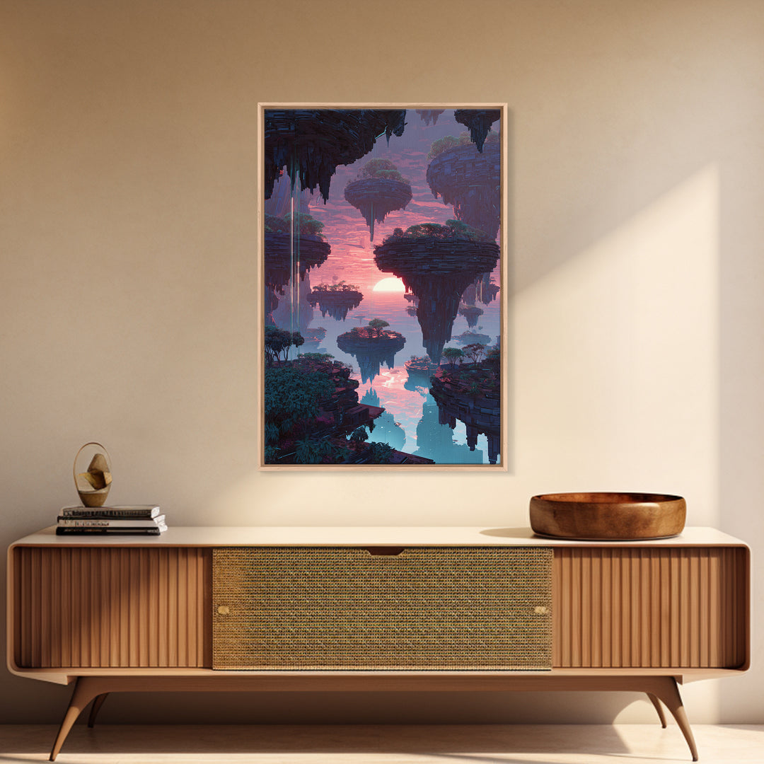 Futuristic Floating Islands With Lush Trees And Sunset Digital Fantasy Artwork Canvas Print Wall Art