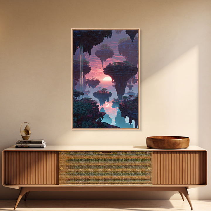 Futuristic Floating Islands With Lush Trees And Sunset Digital Fantasy Artwork Canvas Print Wall Art